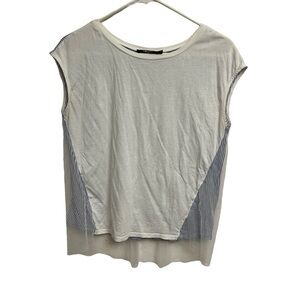 White and Blue Striped Contrast Cap Sleeve Top With Tulle